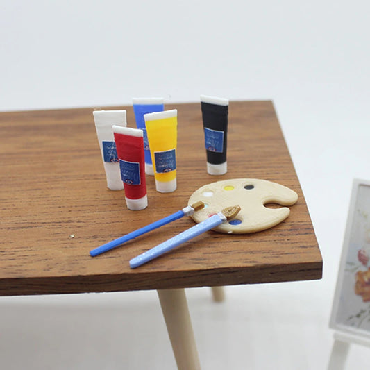 1/12 Mini Pigment Tube Paint Brush Palette Model Dollhouse Draw Room Art Supplies Decoration Dolls House Accessories