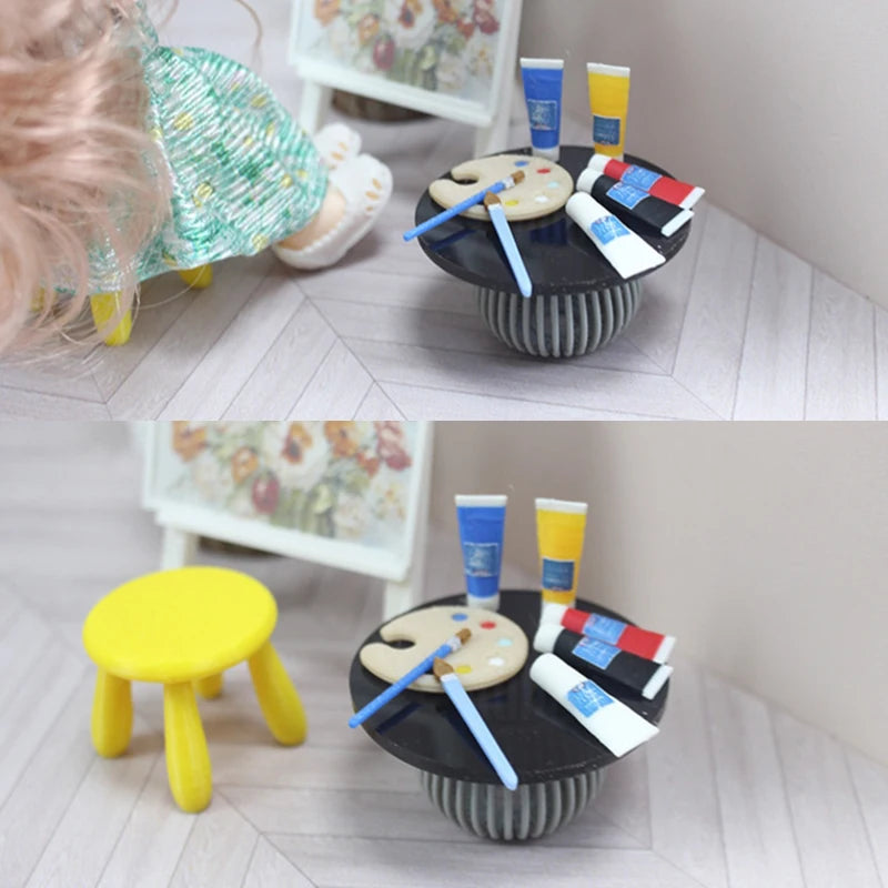 1/12 Mini Pigment Tube Paint Brush Palette Model Dollhouse Draw Room Art Supplies Decoration Dolls House Accessories